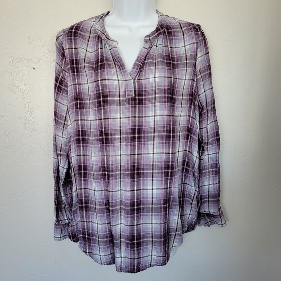 Time and Tru Women's Small Purple Plaid Long Sleeve Shirt V-neck Roll Tab Soft - Picture 1 of 6